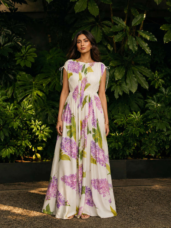 Lilac Printed Gathered Maxi Dress