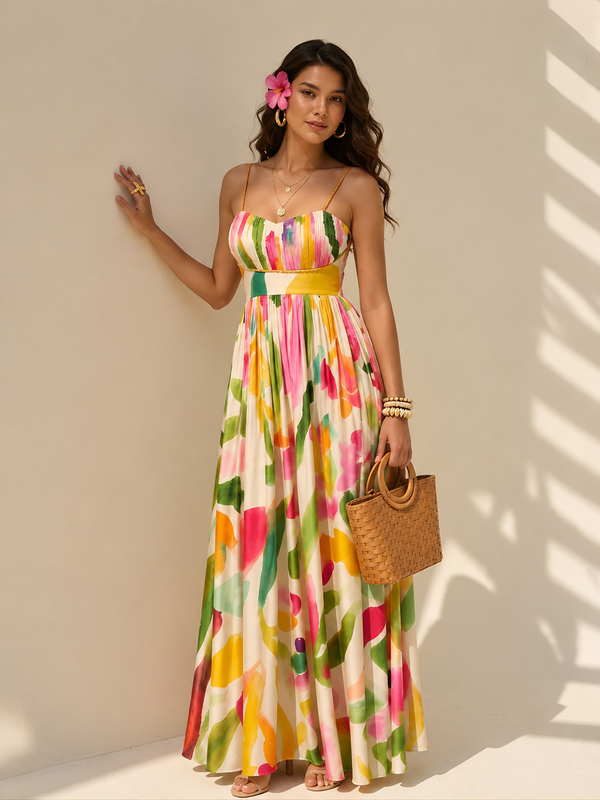 Spring Printed Pleated Maxi Dress