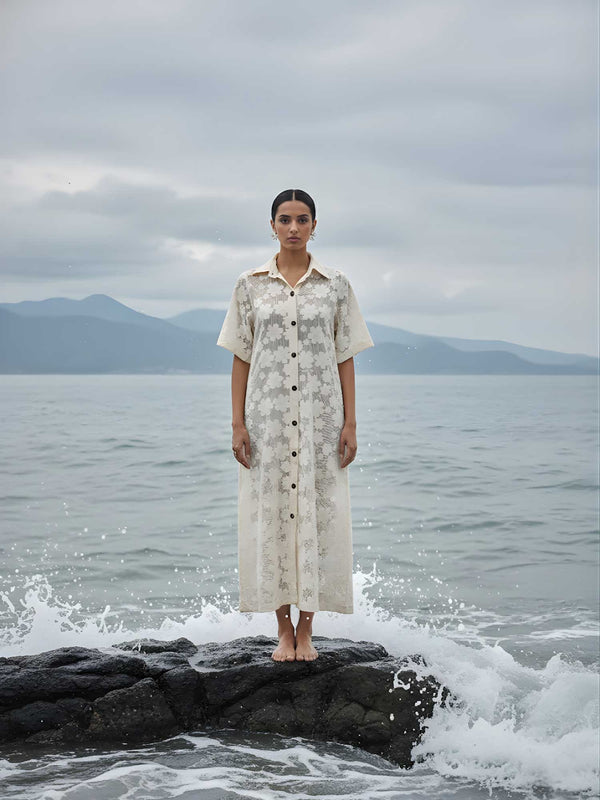 Flower Crochet Midi Shirt Dress