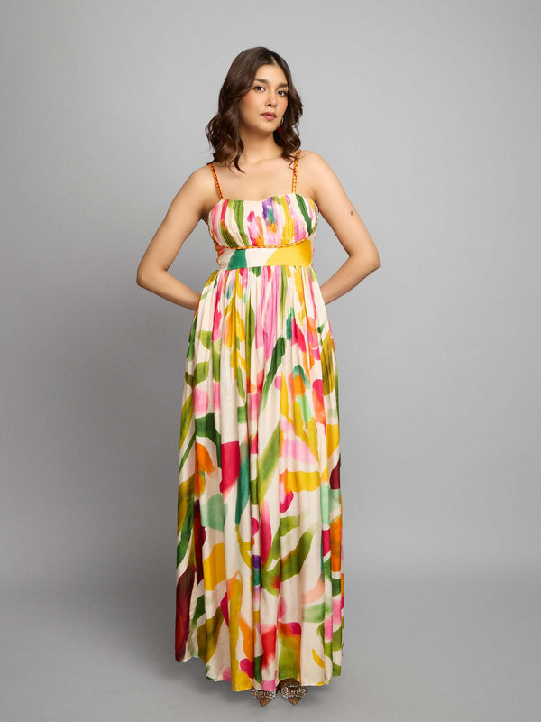 Spring Printed Pleated Maxi Dress
