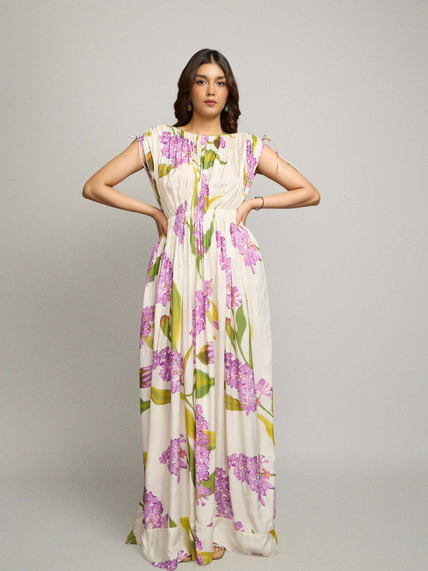 Lilac Printed Gathered Maxi Dress