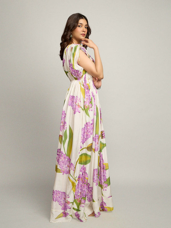 Lilac Printed Gathered Maxi Dress