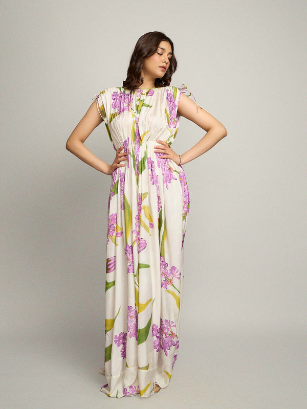 Lilac Printed Gathered Maxi Dress