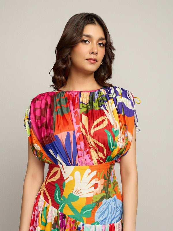Mosaic Printed Pleated Maxi Dress