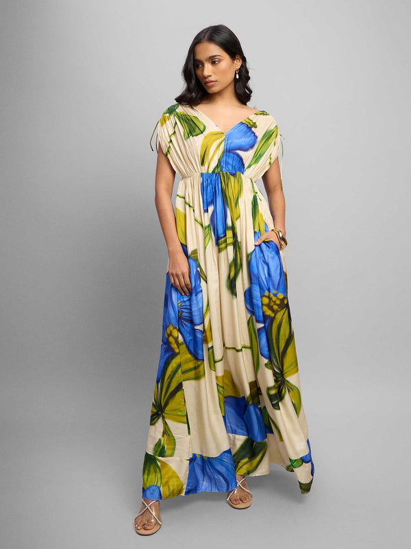 Cobalt Printed V-Neck Maxi Dress