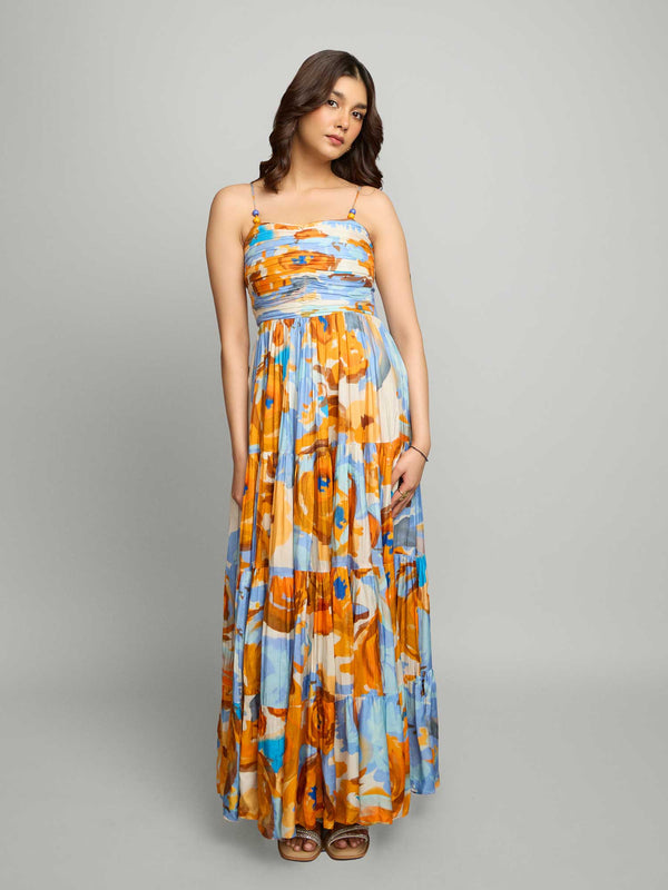 Lunar Printed Pleated Maxi Dress