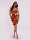 Cerise Printed Mini Dress with pleated bust and spaghetti straps