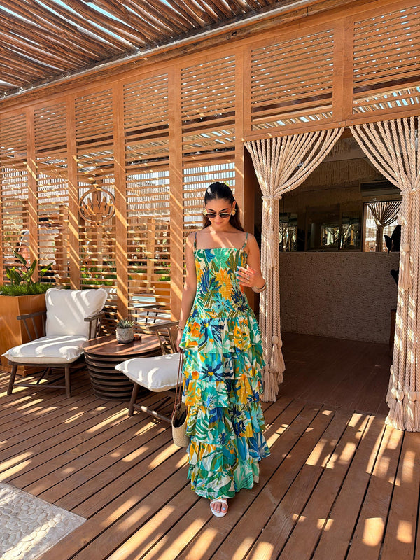 Mint Printed Ruffled Maxi Dress