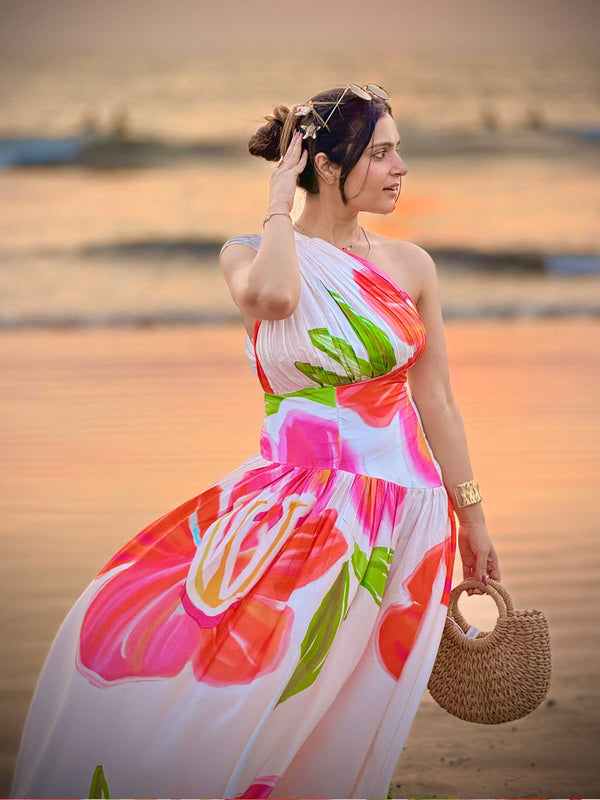 Hibiscus Printed One Shoulder Maxi Dress