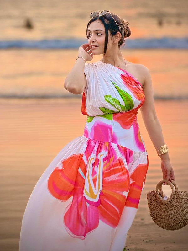 Hibiscus Printed One Shoulder Maxi Dress
