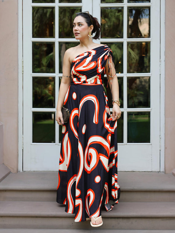 Swirl Printed One Shoulder Dress