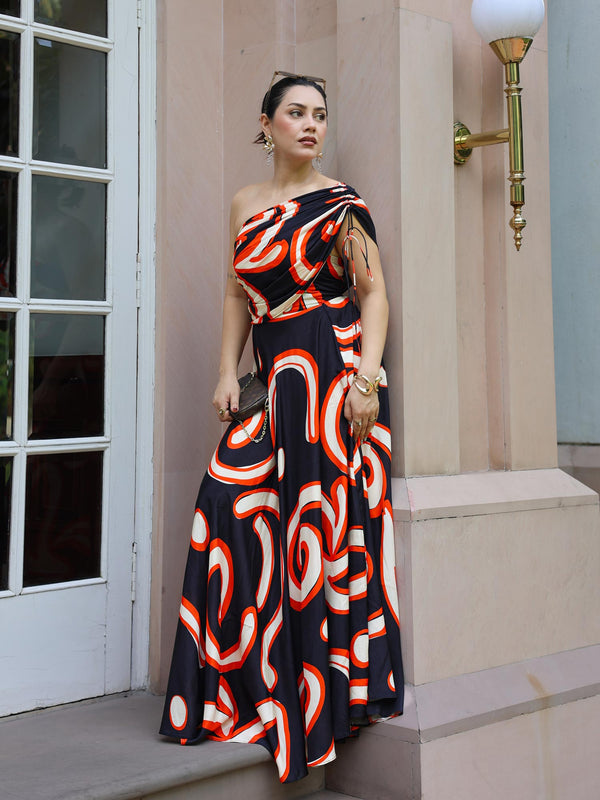 Swirl Printed One Shoulder Dress