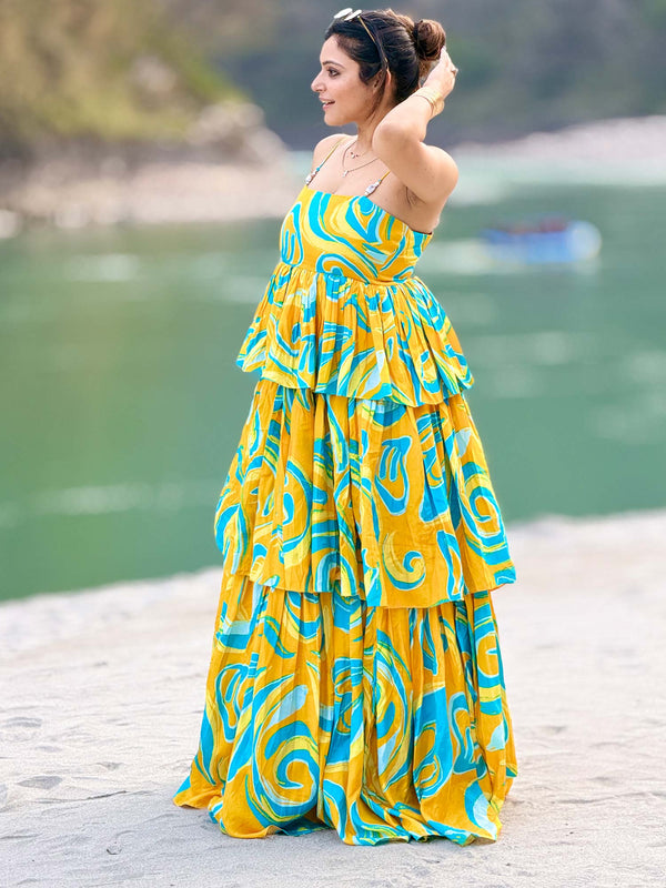 Ripple Printed Ruffled Maxi Dress