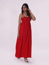 Red maxi dress with side pockets and spaghetti straps