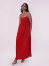 Red poplin maxi dress draped elegantly on a mannequin