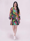 Parakeet Printed Mini Dress with tie detail at the neck