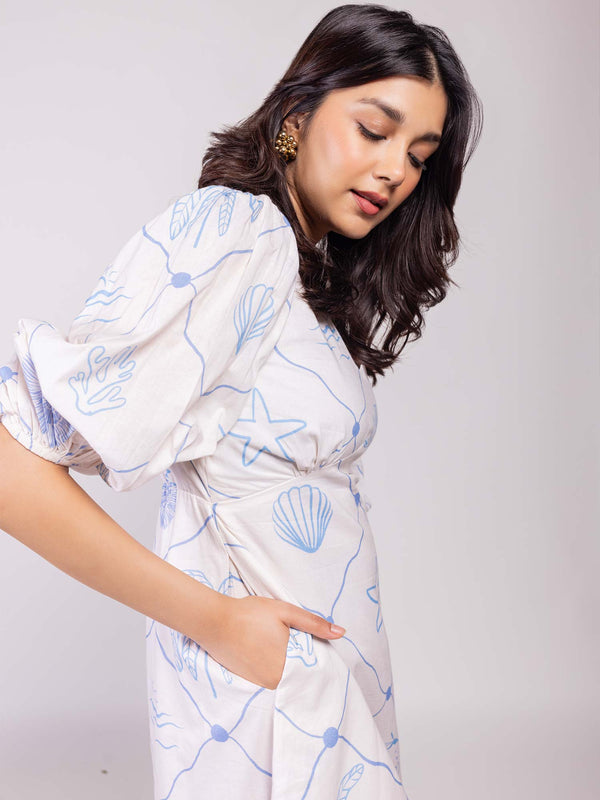 Seascape Printed V-neck Midi Dress