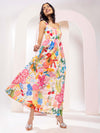 Wide Ruched Straps Printed Maxi Dress