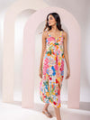 Colourful Printed Midi Dress with Ruched Straps