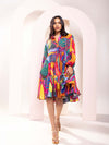 Front view of Leafora Printed Tiered Shirt Dress by Poppi.